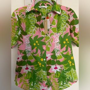 NWT Trina Turk Buttoned Blouse, XS, Tropical Pink/Green Colors, Organic Cotton